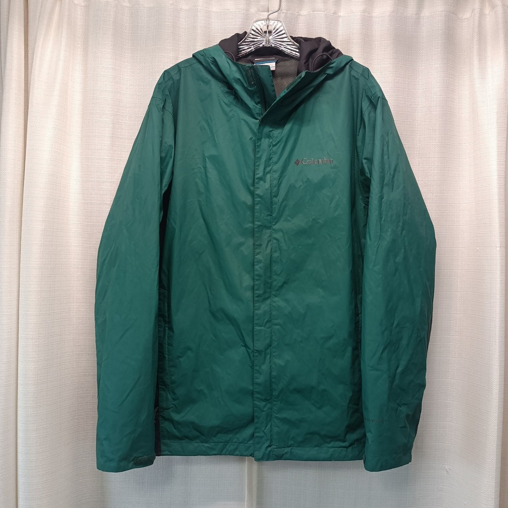 Columbia Mens Omni-Tech Waterproof Rain Jacket Green Hooded Shell XM0774 L